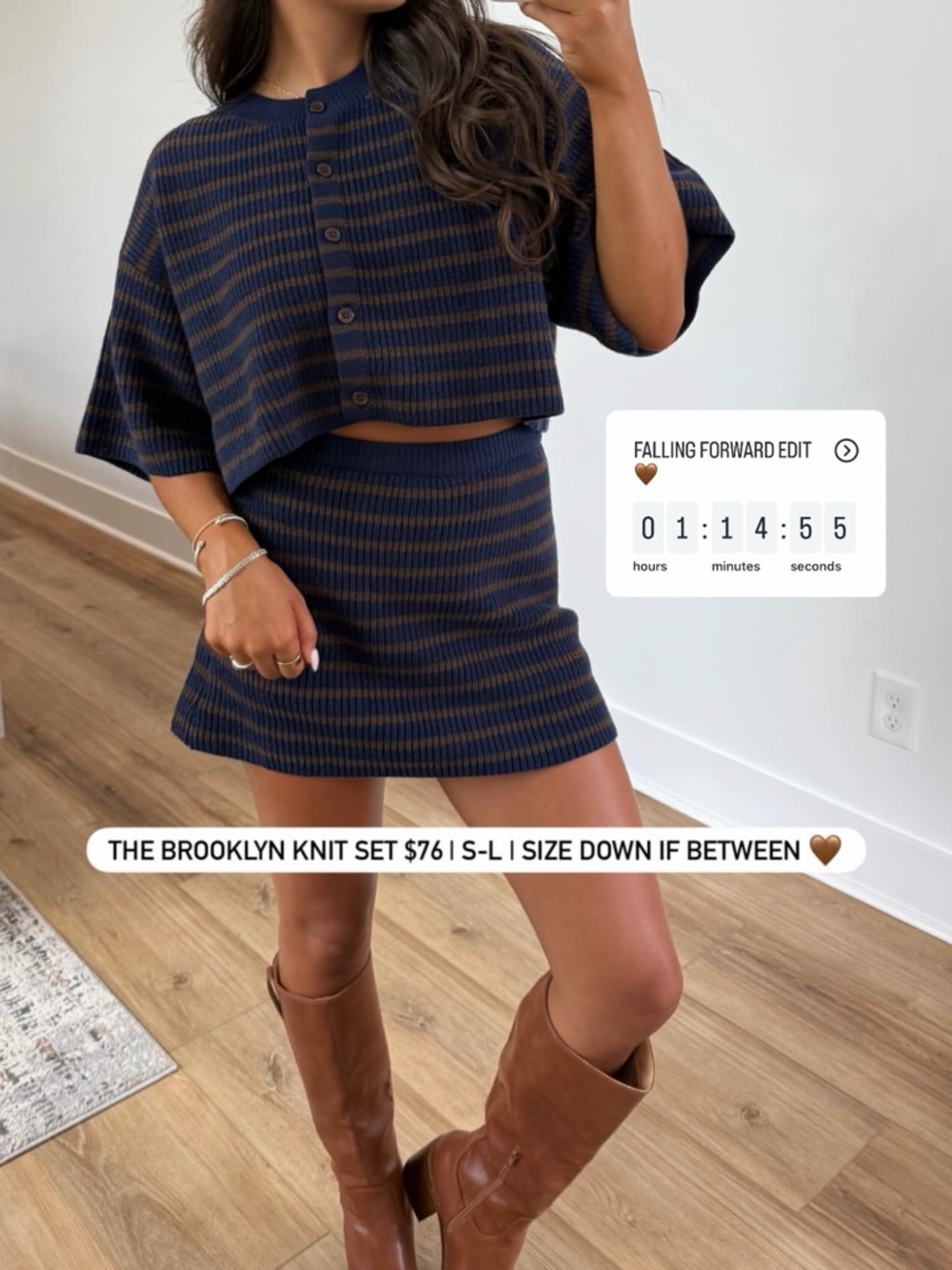Striped Boutique Knit Mini Skirt Set in Navy and Brown - Picture 3 of 3